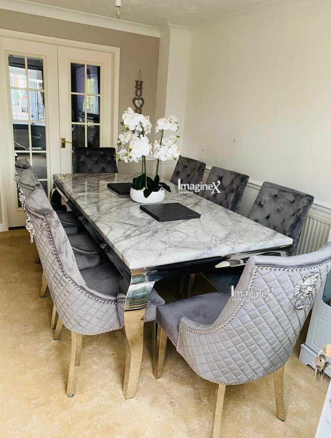 Louis 180cm Grey Marble Dining Table + Light Grey Lion Knocker Plush