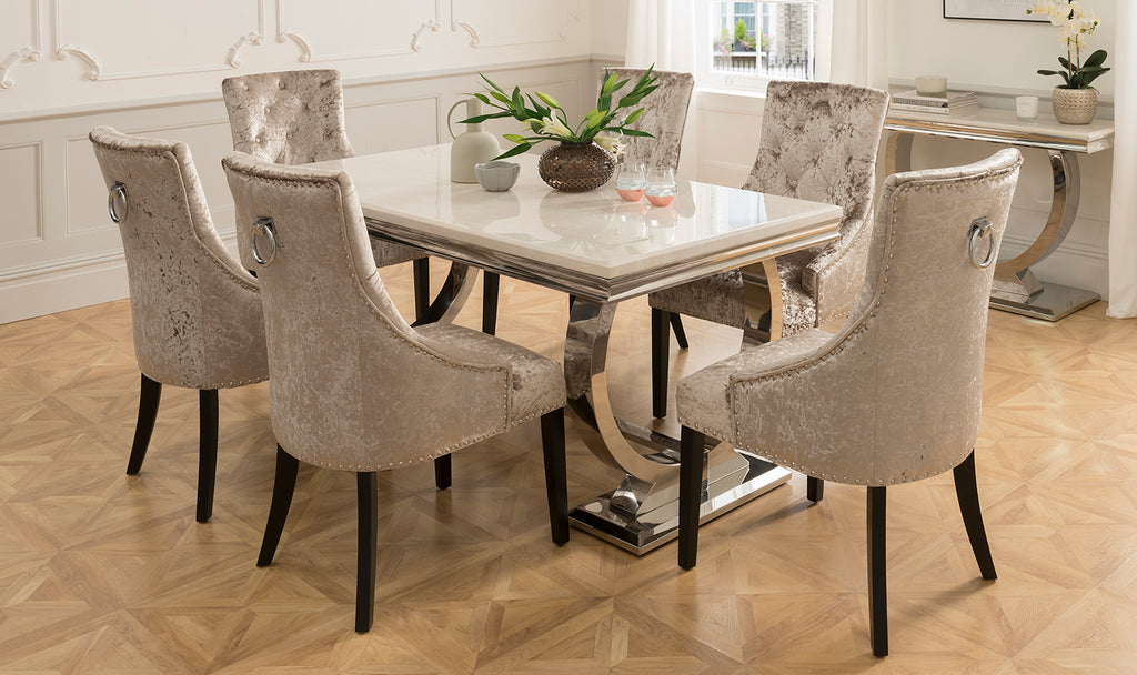 Arianna 200cm Cream Marble Dining Table + Ava Crushed Velvet Chairs