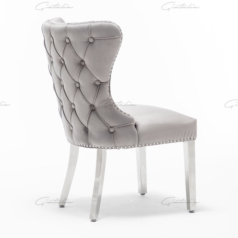 Florence Dark Grey French Plush Velvet Button Back Dining Chair With Chrome Legs - ImagineX Furniture & Interiors