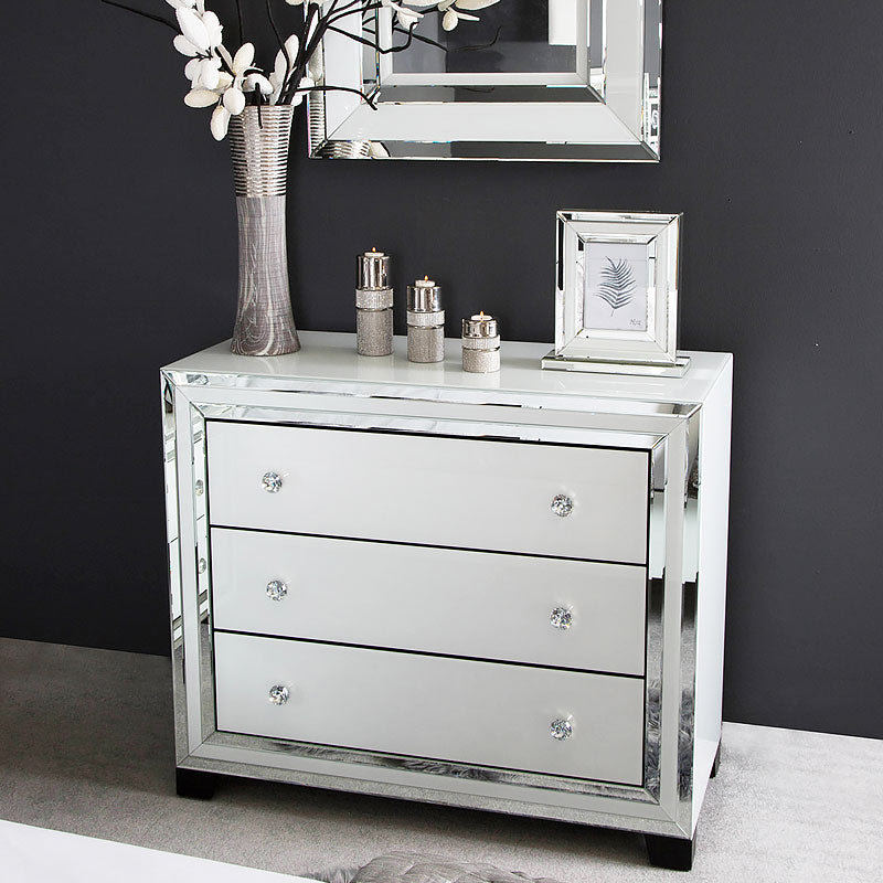 Madison White Glass 3 Drawer Mirrored Chest Imaginex Furniture
