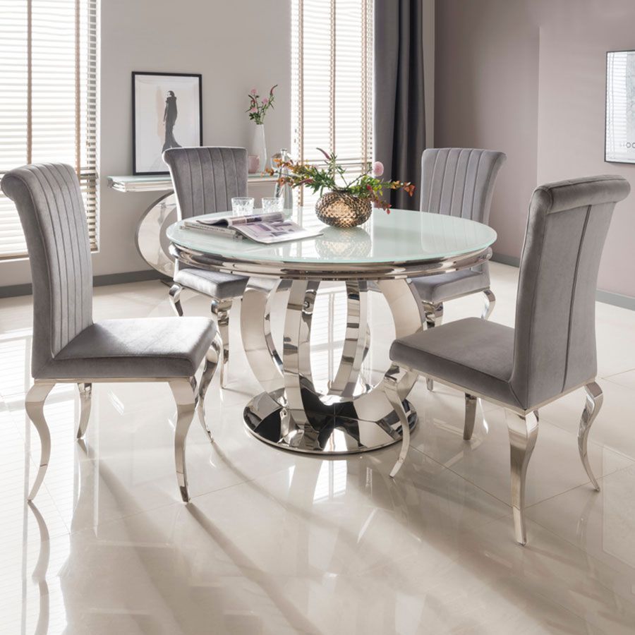 Ohio 130cm White Glass & Chrome Round Dining Table + 6 Nicole Dining C