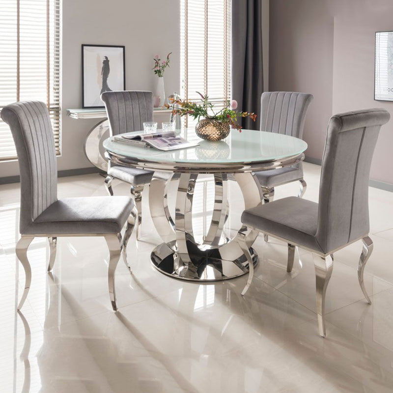 Ohio 130cm White Glass Chrome Round Dining Table 6 Nicole Dining Chairs