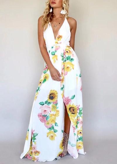 vestido longo florido com decote
