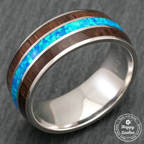 14K platinum ring with Hawaiian Koa wood & blue opal tri-inlay