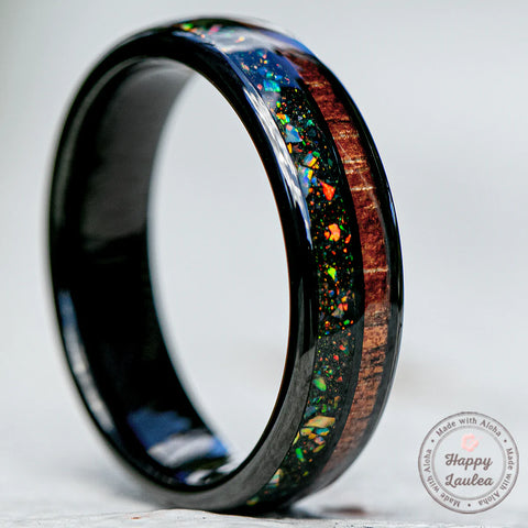Black tungsten ring with midnight fire opal & Hawaiian Koa wood duo inlay