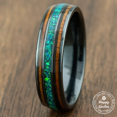 HI-TECH black ceramic ring with green opal & Hawaiian Koa wood inlay