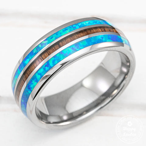 Tungsten carbide ring with blue opal & Hawaiian Koa wood tri-inlay 