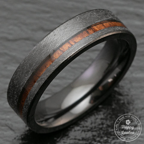 Black Zirconium Ring with Hawaiian Koa Wood Offset Inlay