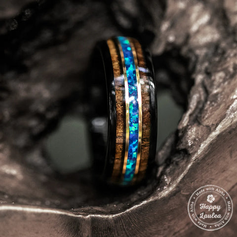 Black Tungsten with Gold Strip Ring with Blue Opal & Hawaiian Koa Wood Tri-Inlay