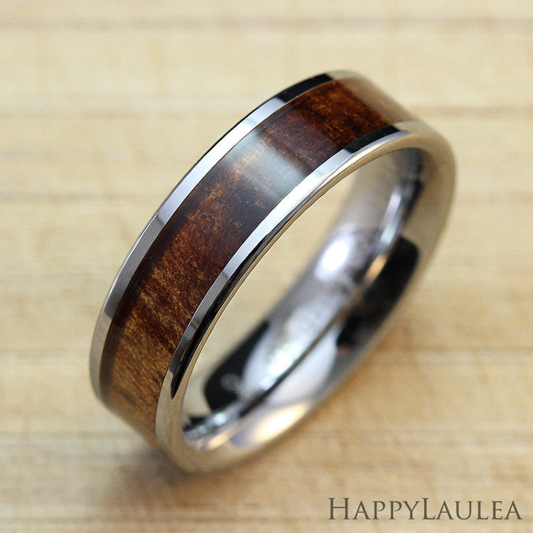 Tungsten Carbide Ring with Koa Wood Inlay, 6mm, Flat Shape, Comfort Fi ...