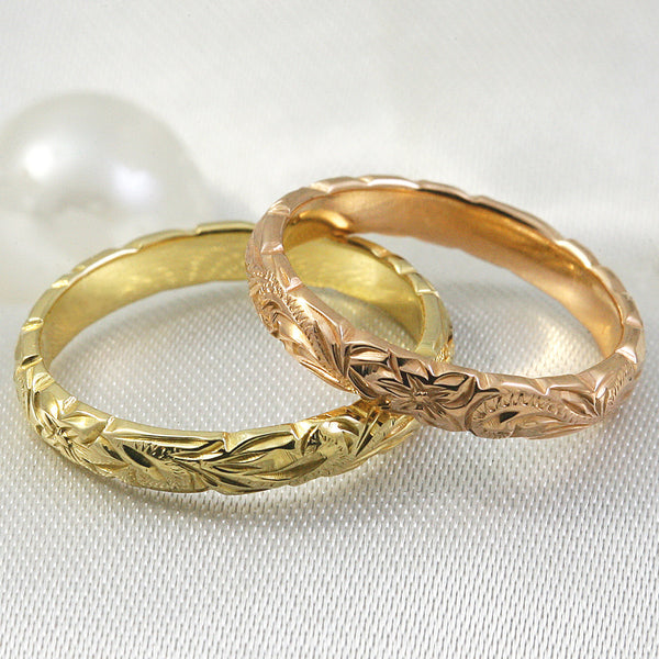 14k Gold  Hand Engraved Wave Edge Ring  with Hawaiian  Old 