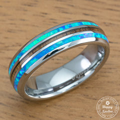 Tungsten Carbide Ring with Opal & Koa Wood Tri Inlay - 6mm, Dome Shape