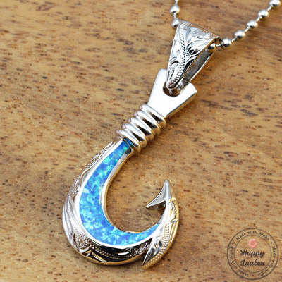 925 Sterling Silver Hawaiian Jewelry Hand Engraved Fish Hook Pendant with  Blue Opal Inlay - Chain Included
