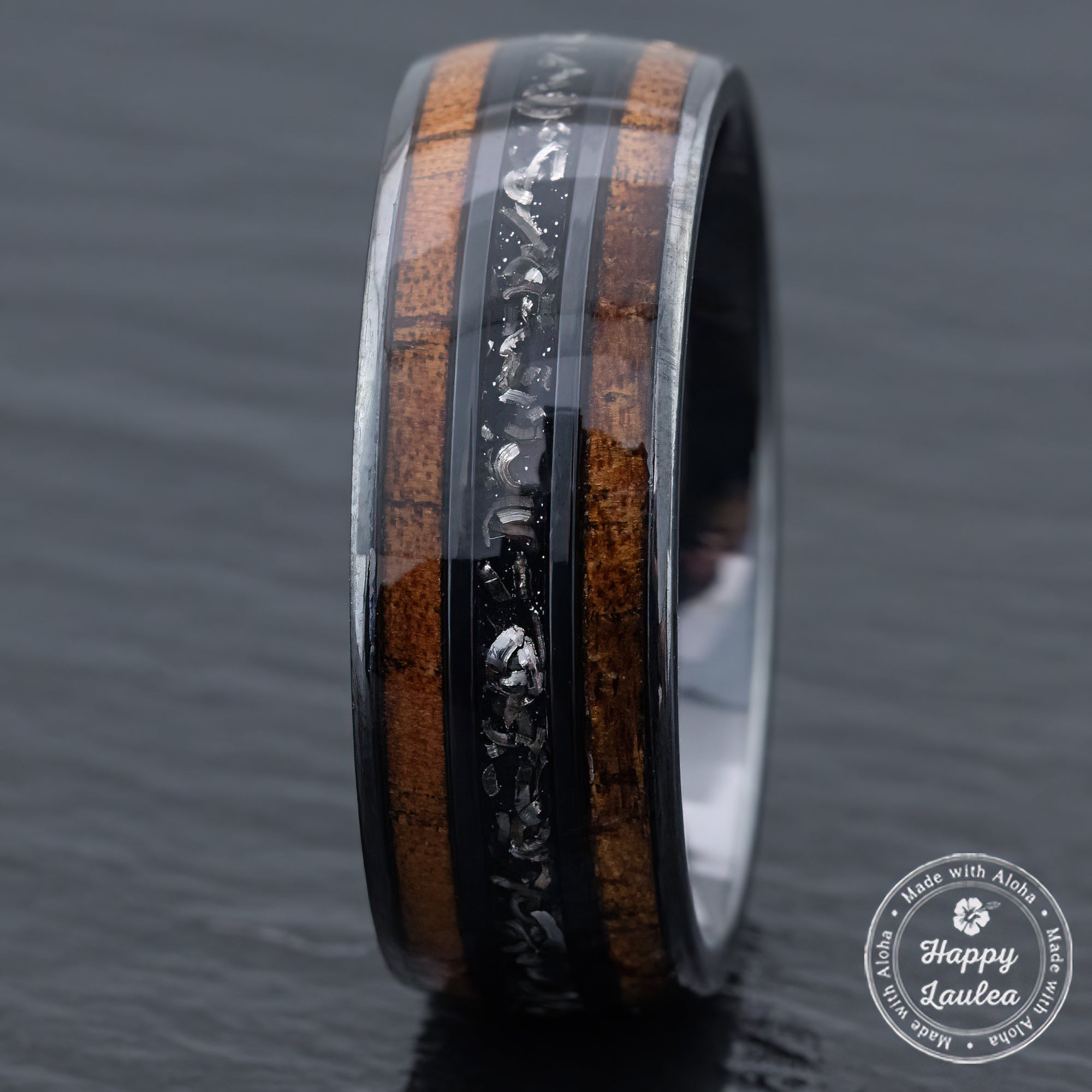 Black Titanium Ring [8mm width] Hawaiian Koa Wood & Meteorite - HappyLaulea product image