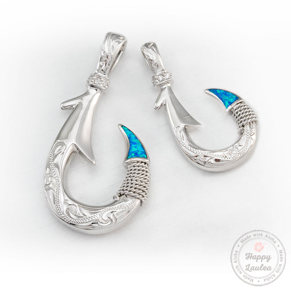 925 Sterling Silver Hawaiian Jewelry Hand Engraved Fish Hook Pendant with  Blue Opal Inlay - Chain Included