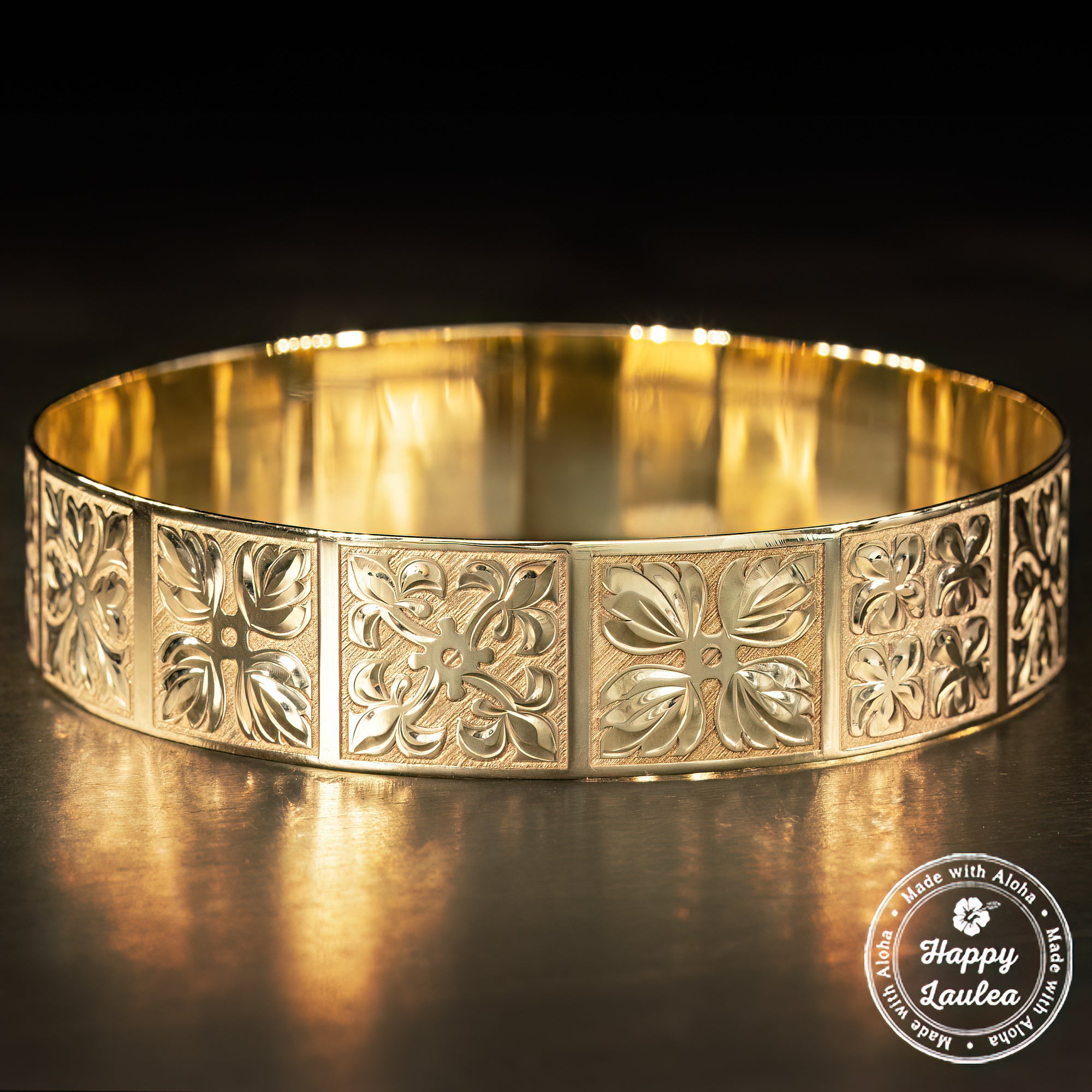 14K Gold Bracelet [15mm width] Hawaiian Quilt Design - HappyLaulea product image