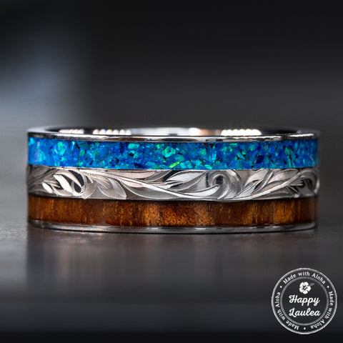 Sterling Silver Hand Engraved Hawaiian Jewelry Ring [6mm width] Azure Blue Opal