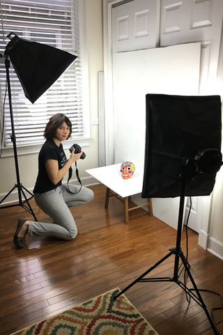ShopMucho.com about me page photo of owner Angelique shooting products behind the scenes