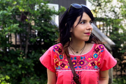 ShopMucho owner models Mucho merch, women's Mexican dress styled 3 ways