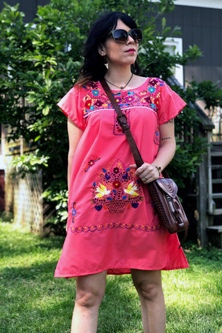 ShopMucho owner models Mucho merch, women's Mexican dress styled 3 ways