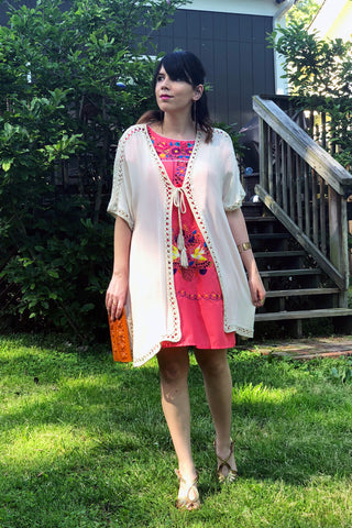 ShopMucho owner models Mucho merch, women's Mexican dress styled 3 ways