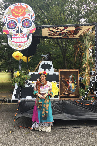 ShopMucho owner dresses as Frida Kahlo and attends the Day of the Dead festival, parade, and Frida Kahlo look a like contest