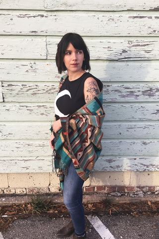 ShopMucho's women's Mexican style shawl in turquoise geometric pattern