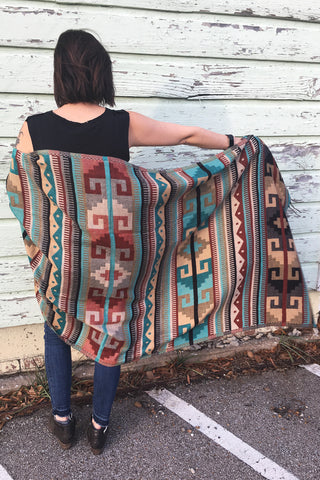 ShopMucho's women's Mexican shawl in turquoise geometric pattern