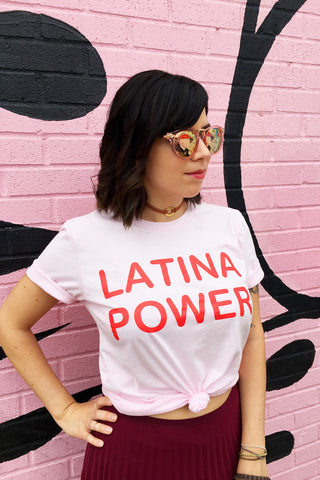 ShopMucho owner styles the Latina Power graphic tee on the blog