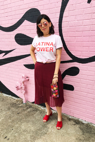 ShopMucho owner styles the Latina Power graphic tee on the blog