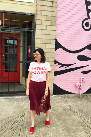 ShopMucho owner styles the Latina Power graphic tee on the blog