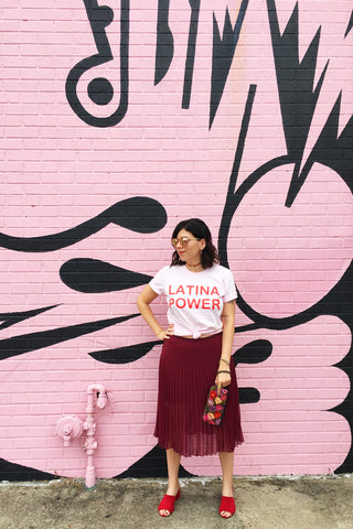 ShopMucho owner styles the Latina Power graphic tee on the blog