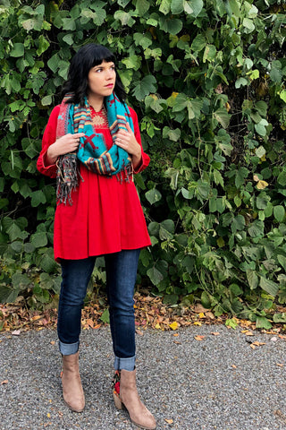 ShopMucho owner styles ways to wear the southwest style shawl with the Mexican blouse and skinny jeans