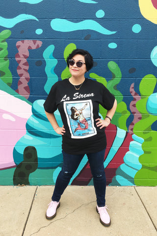 ShopMucho's women's loteria graphic tee in la sirena