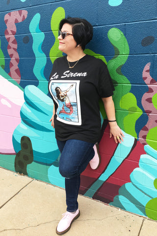 ShopMucho's women's loteria graphic tee in la sirena