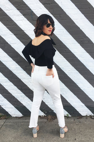 ShopMucho women's distressed white denim jeans styled 4 ways