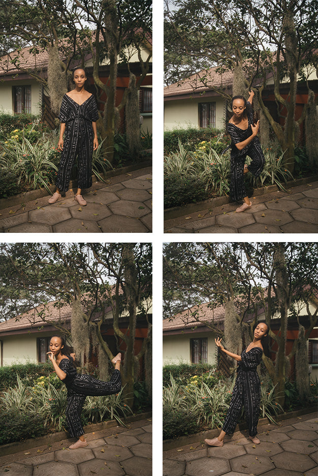 Collage of four photos with Efua Sutherland in various poses, wearing a black and white batik jumpsuit, in a garden setting.