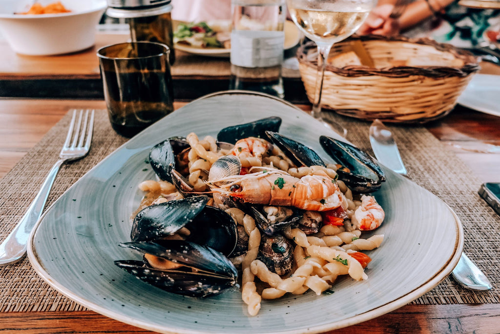 seafood pasta on table