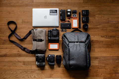 A bunch of equipment used by a independent filmmaker including a battery pack