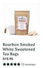 Embrew's Bourbon Smoked White Sweetened tea with a graphic displaying its 12 reviews. 