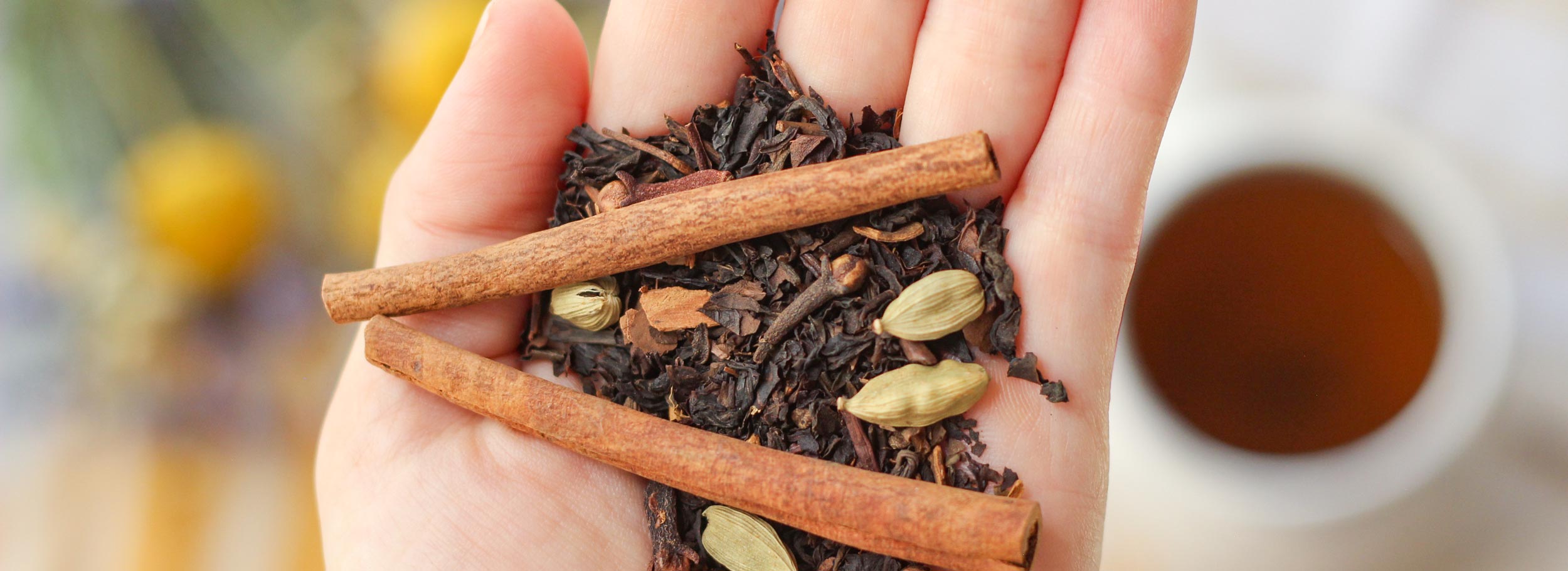 chai spices in hand with tea cup