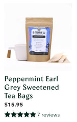 Embrew's Peppermint Earl Grey Sweetened Tea Bags with a mug and product reviews. 
