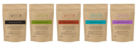A selection of 5 Embrew blends including Bourbon Smoked White, Jasmine Honey Green, and Creamy Honey Oolong. 