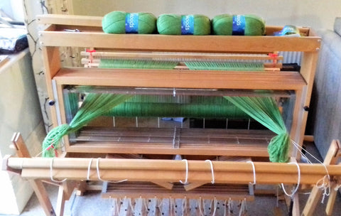 Warp on the loom ready for threading using King Cole Moods DK Leaf