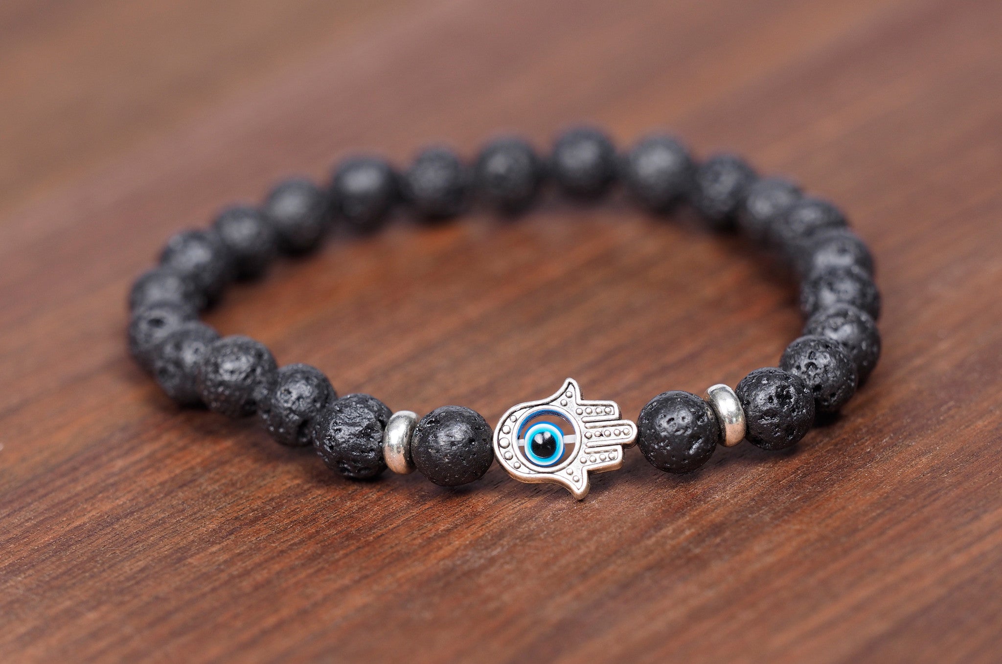 Black Lava Bead Mala Bracelet with Hamsa Hand Charm - Jewelry.Yoga