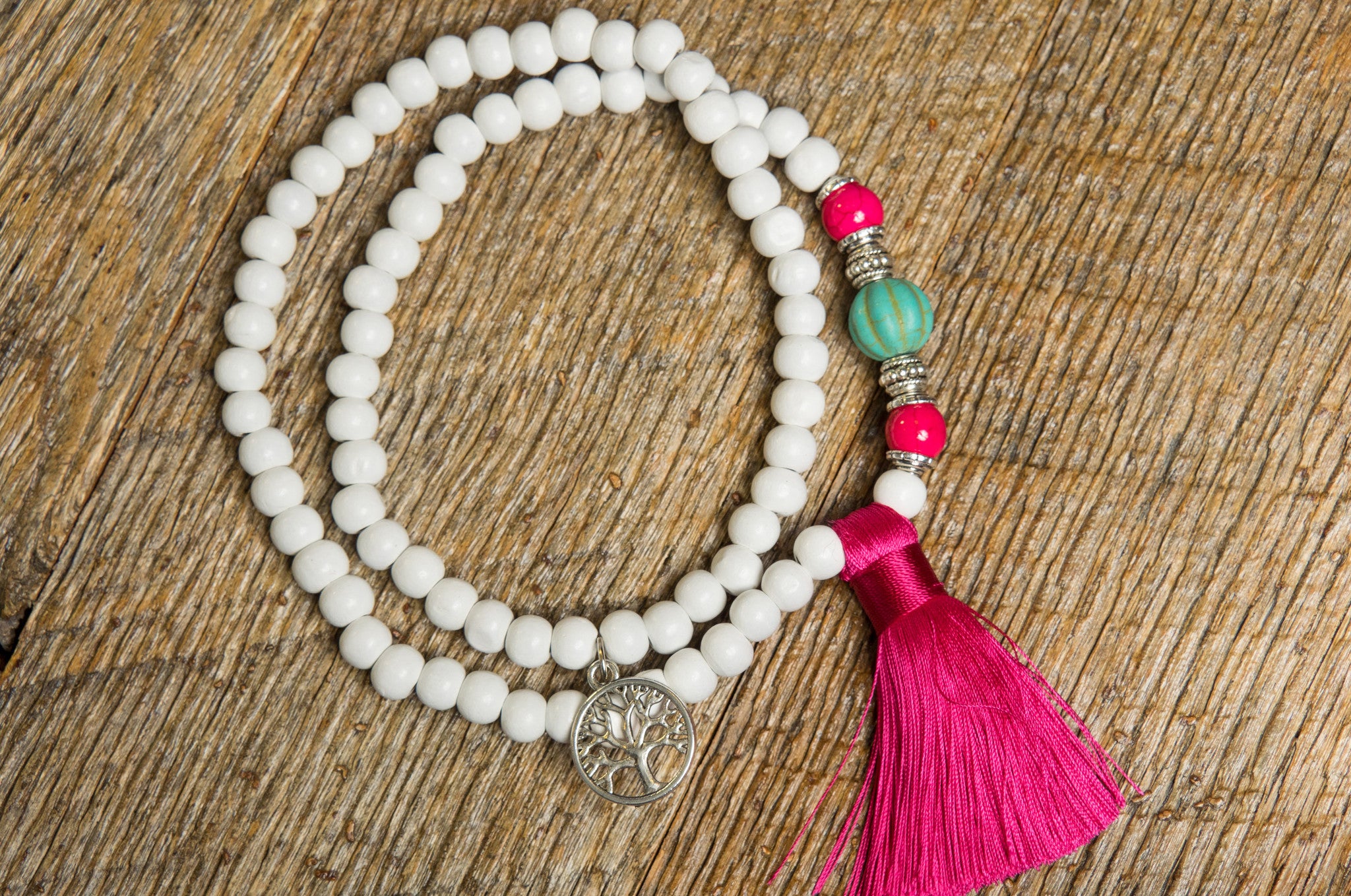 Eclectic Fuschia and White Wood Mala Necklace/Bracelet - Jewelry.Yoga