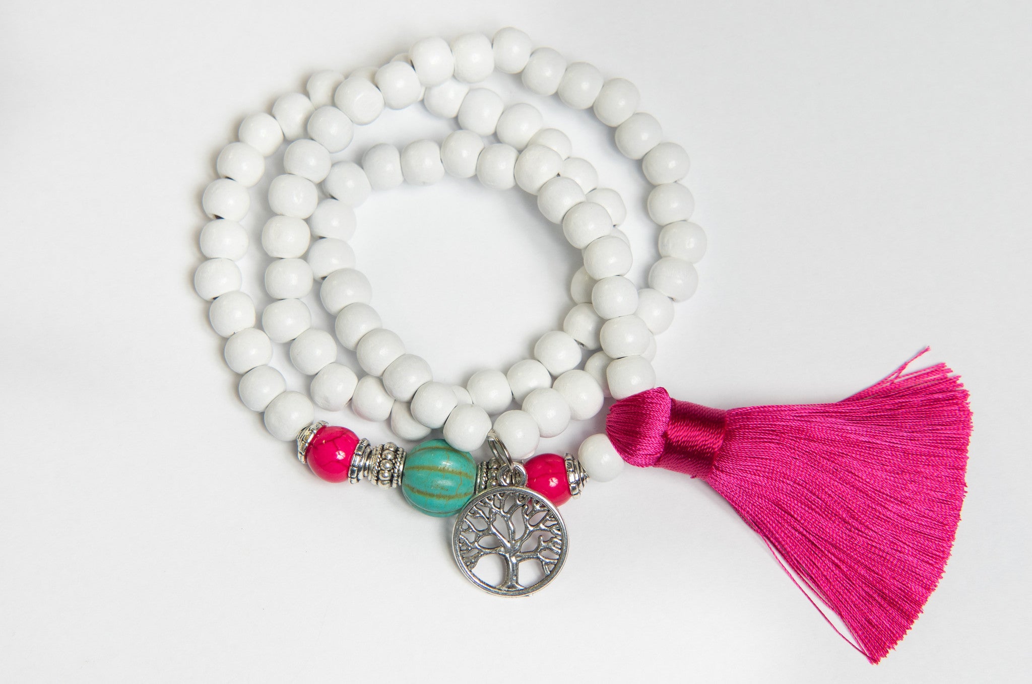 Eclectic Fuschia and White Wood Mala Necklace/Bracelet - Jewelry.Yoga