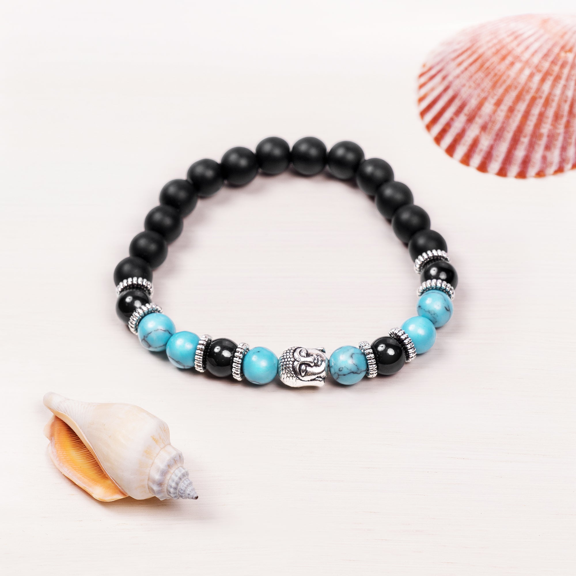 Blue Howlite and Black Bead with Silver Buddha Bracelet - Jewelry.Yoga