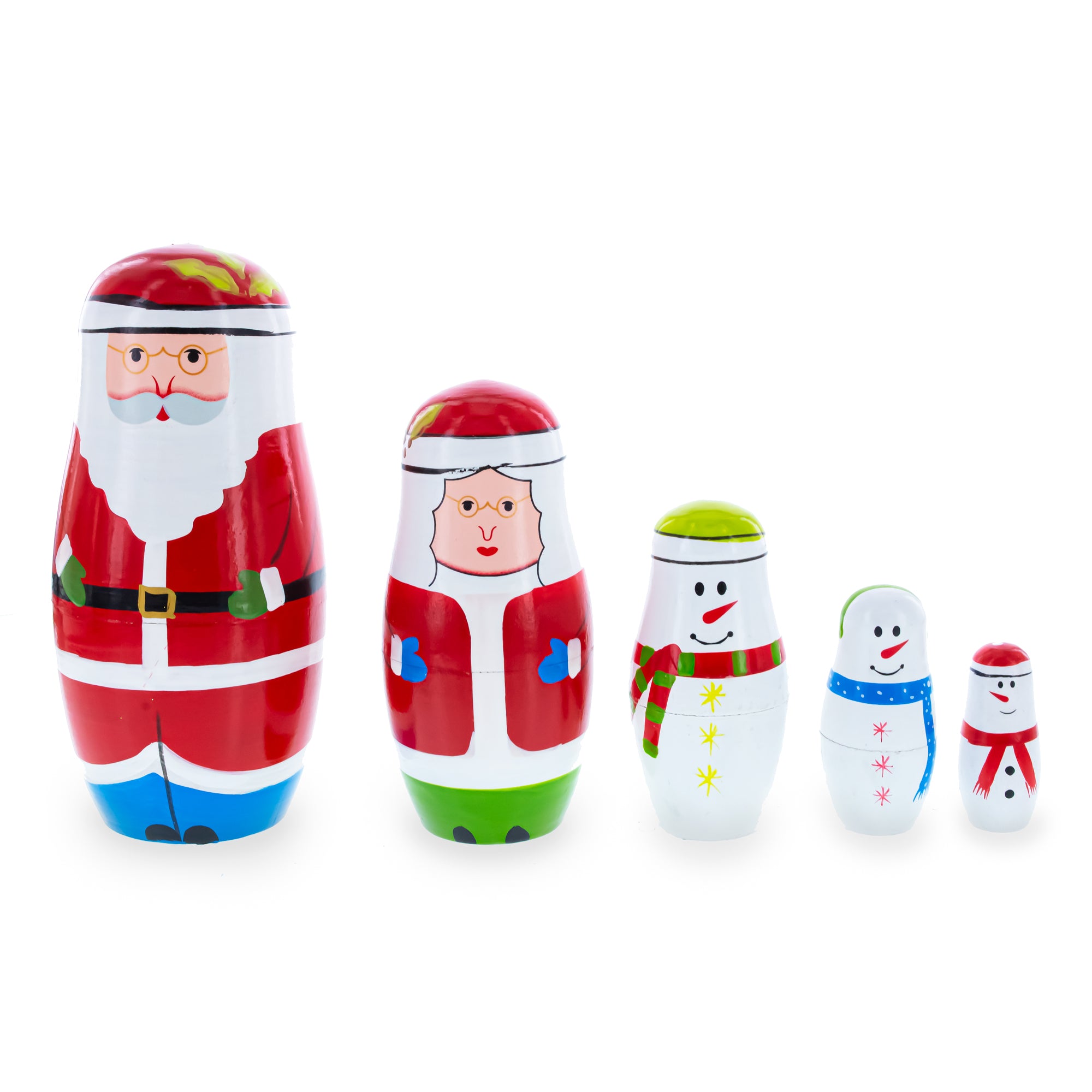 Set of 5 SantaCople and Snowmen Wooden Nesting Dolls 5.5 Inches