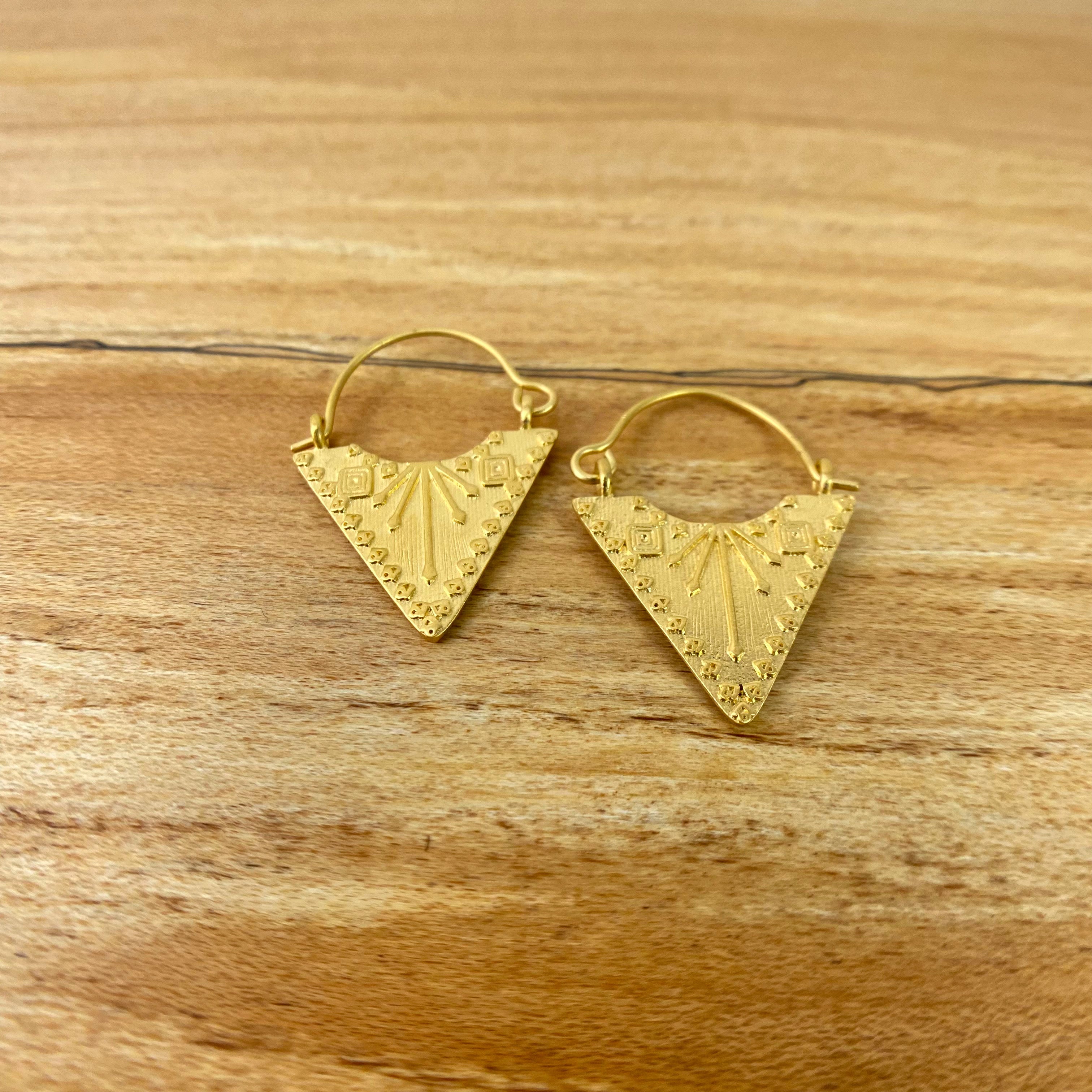 "Graceful Strength" Engraved Triangle Earrings by Satya Jewelry